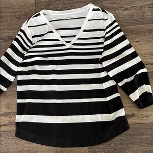 Chico's black/white stripe shirt size12/14(chicos size 2,) 3/4 sleeves /v neck.